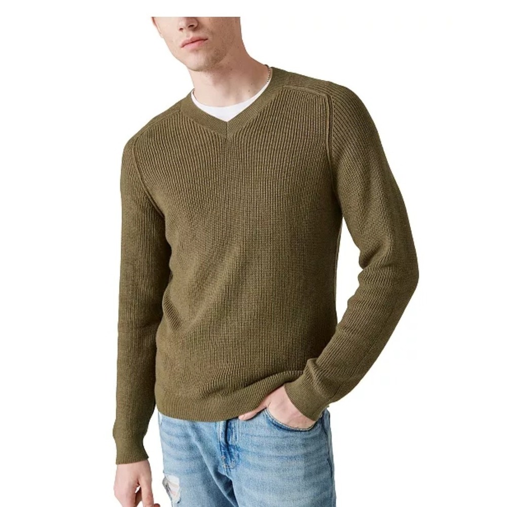 Lucky Brand Mens XXL Cloud Knit V-Neck Sweater Olive Green Ribbed 7M50971 NEW
